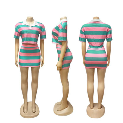 Sporty Fitness Striped Print 2 Pieces Set for Woman Streetwear Casual Turn-down Collar Shirt Crop Top and Mini Skirt Sets Summer