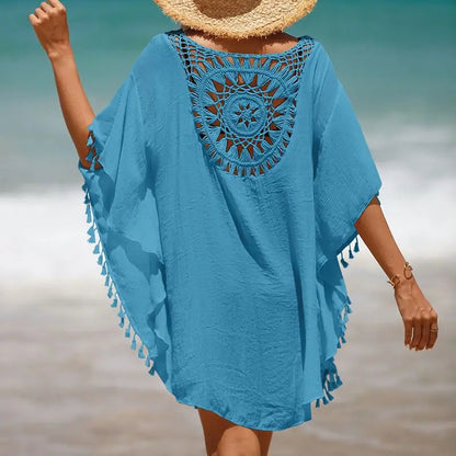 Women Casual Bohemian Holiday Outfits Beachwear Bikini Cover Up Summer Solid Color Hollow Out Beach Dress