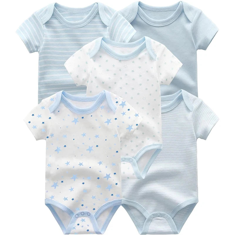 EtherealBe newborn unisex layette set featuring five short-sleeve bodysuits in blue and white designs