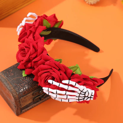 EtherealBe Halloween skeleton hand headband adorned with red roses for festive occasions