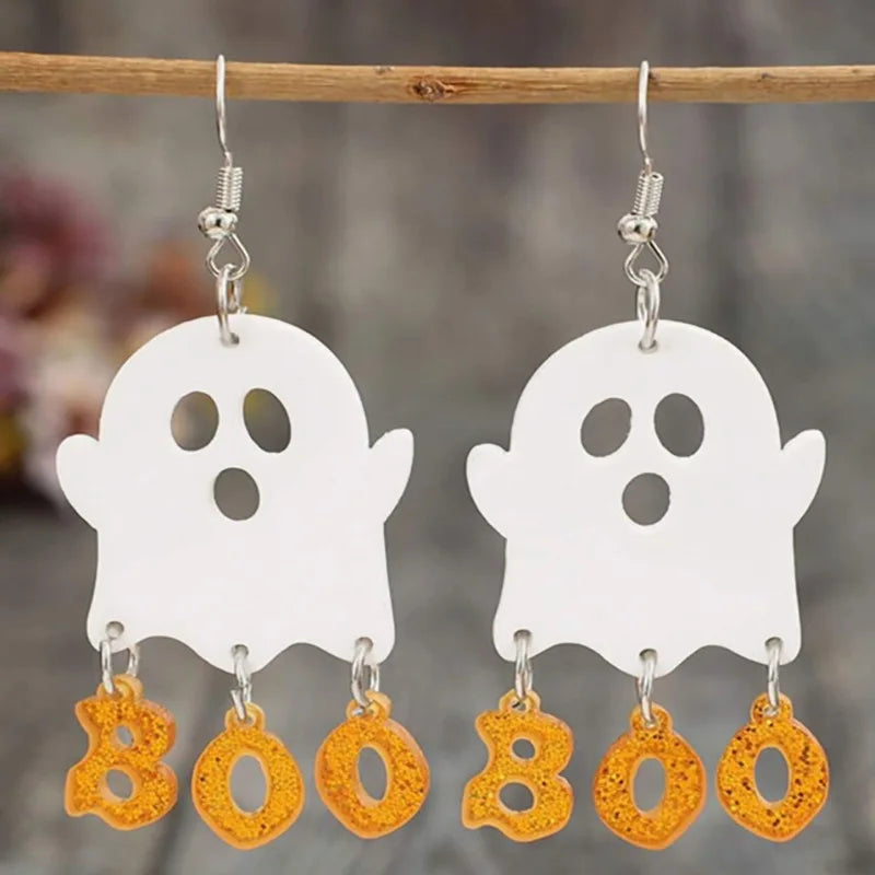 Cute Halloween ghost earrings for women with playful design and vibrant orange accents