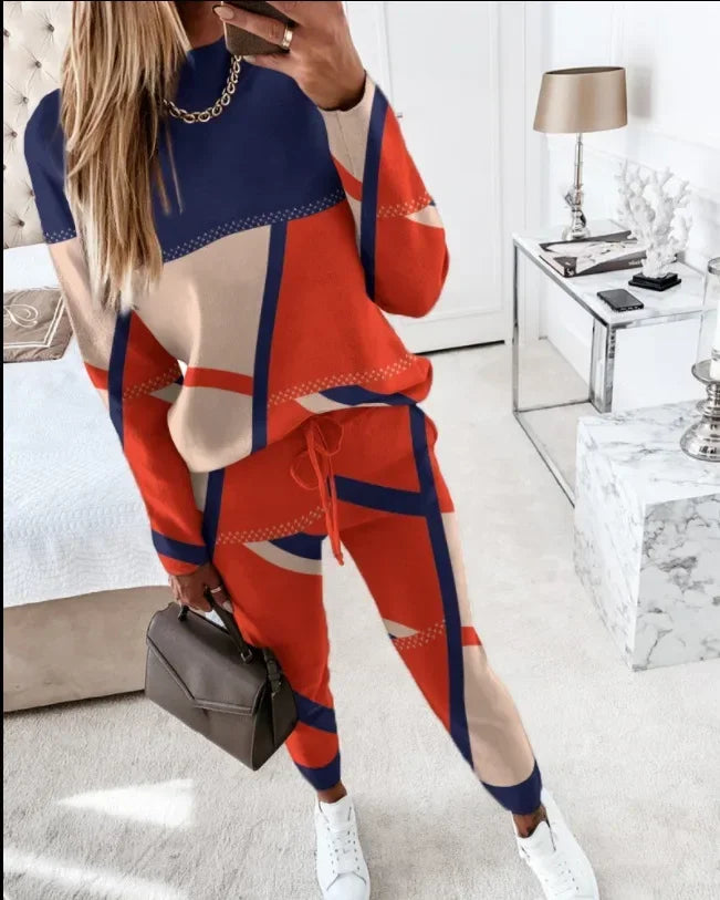 Autumn Winter Fashion Sports Style Two Piece Set Women Casual Printing Long Sleeve Tshirt Pants Two Piece Set Women