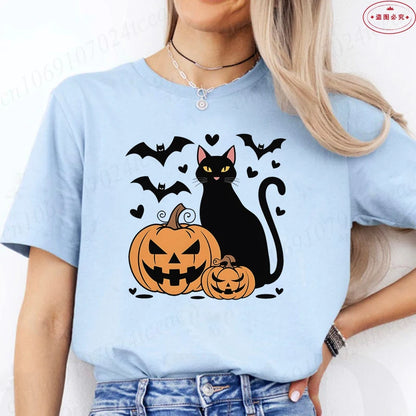 Black Cat Halloween Print Women's Summer T-shirt Casual Clothing Oversized Y2k Personality Short Sleeve Tops Spooky Season Tees