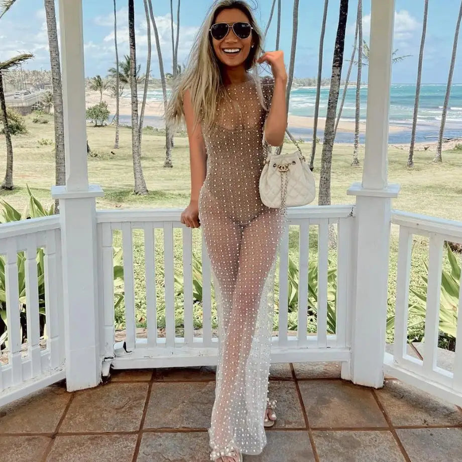 Yiiciovy Women's Bikini Cover-Ups Dress Ladies Sleeveless Dress with Pearl Decoration See Through Mesh Sheer Pool Party Dresses