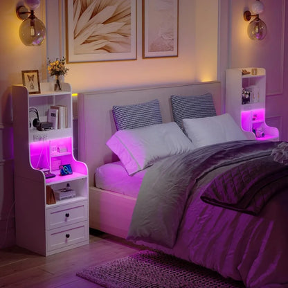 Tall Nightstand with Charging Station and LED Lights White Nightstand with 2 Drawers and Shelves Large LED Nightstand