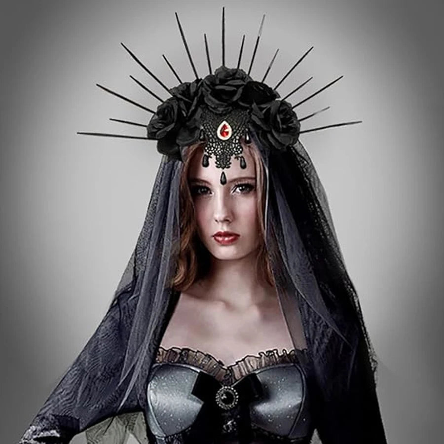EtherealBe gothic black rose veil headband featuring decorative flowers and spikes for a dramatic look