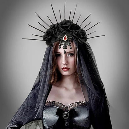 EtherealBe gothic black rose veil headband featuring decorative flowers and spikes for a dramatic look