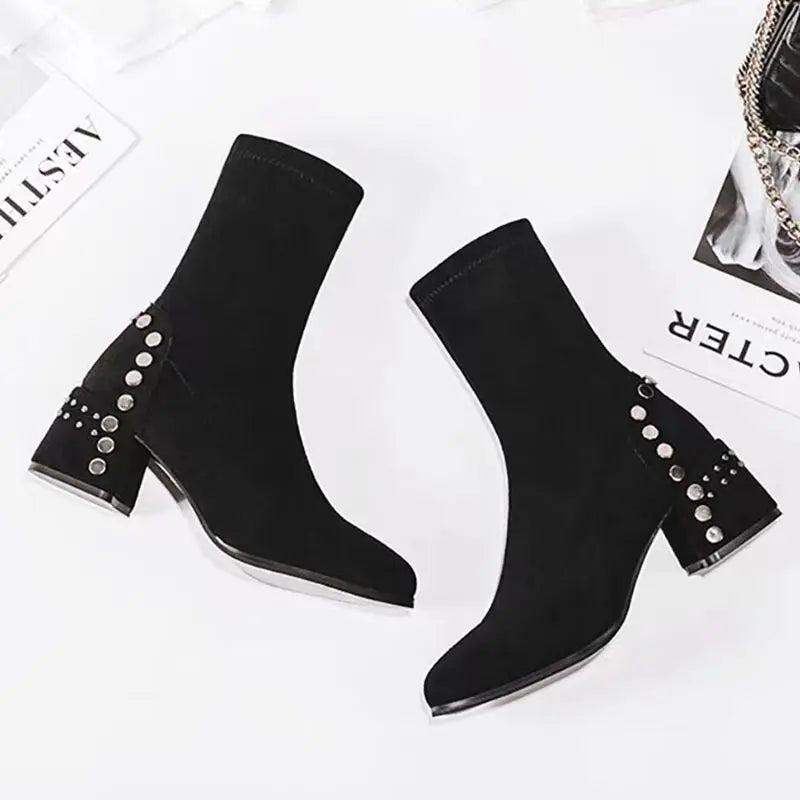 Mid Calf Round Toe Black Shoes For Women Ladies Boots Biker Footwear Studded Half High Gothic Hot Stylish And Low Price Pu