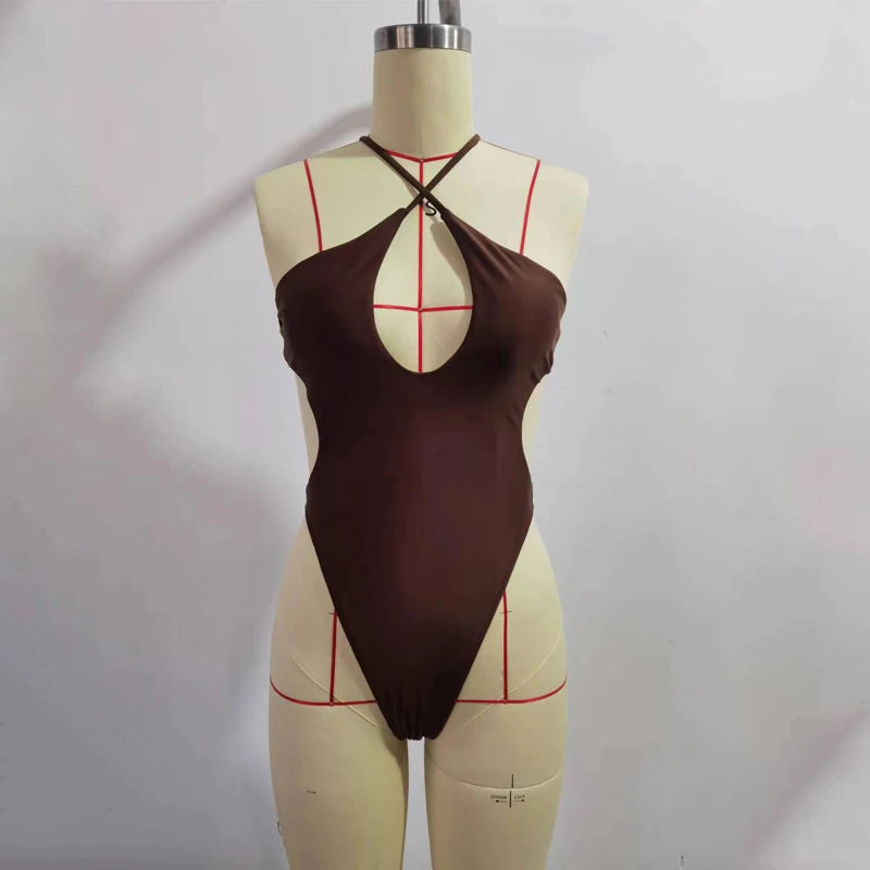 BEACHCICI Women's Bikini One Piece Summer Stylish Sexy Halterneck Solid Cutout Lace Up Backless Slim Beach Holiday Swimwear