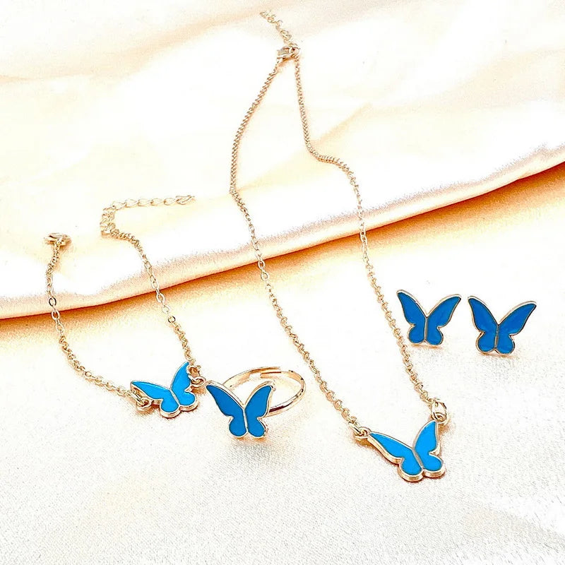 Fashion Butterfly Jewelry Set Acrylic Romantic Bracelet Ring Necklace Earring Set for Women Wedding Party New Year Festival Gift