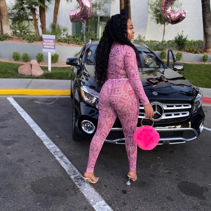 Joskaa Mesh Print Night Club Long Sleeve Bodysuit & Pants 2 Pieces Set Outfits Fashion Outwear Autumn 2020 Tracksuit Woman