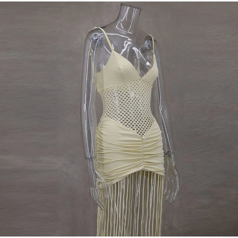 Hollow Out See-through Long Dress Women Holiday Tassels High Waist Sleeveless Strap Dresses Female Backless Evening Club  Robe