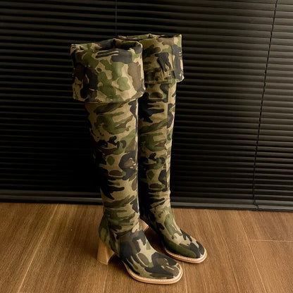 New Camouflage Denim Super Long Boots 34-42 Sewing 7cm Thick Heel Folding Over-the-Knee Boots Denim Blue Knee-High Women's Boots
