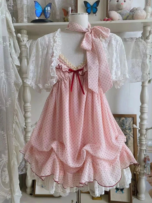 Japanese Fashion Sweet Cute 2 Piece Set Women Mini Lace Tops + Polka Dot Dress New Fit Chic Kawaii Fluffy Retro Suit Summer 2025