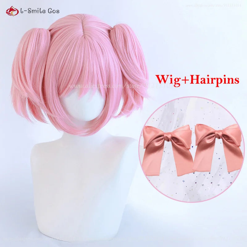 Anime Madoka Kaname Cosplay Wig Light Pink Double Ponytail Clip Wig Heat Resistant Synthetic Hair Halloween Party Wigs + Wig Cap