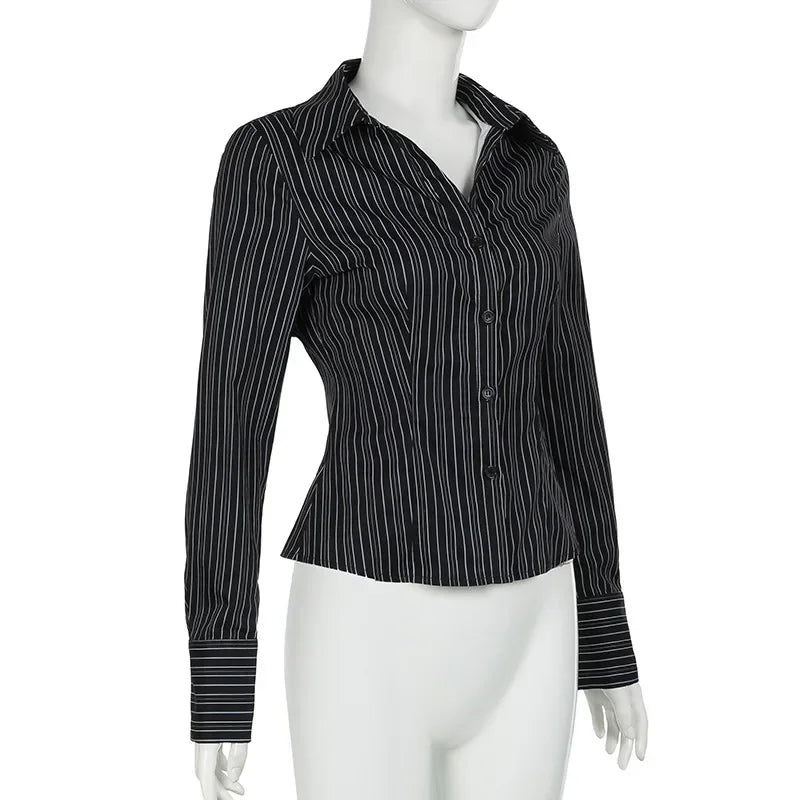 Y2K Black Striped Long Sleeve Button Up Shirt Autumn Elegant Casual Turn-down Collar Blouse Office Lady Women T-shirt
