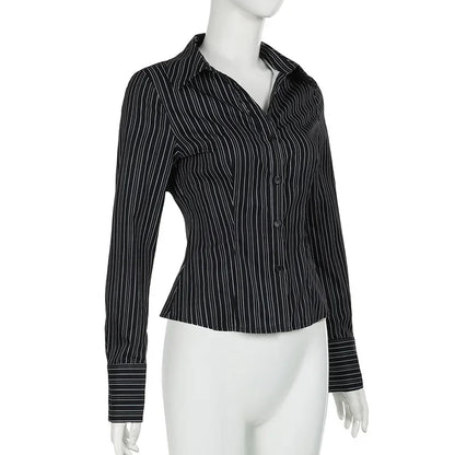 Y2K Black Striped Long Sleeve Button Up Shirt Autumn Elegant Casual Turn-down Collar Blouse Office Lady Women T-shirt