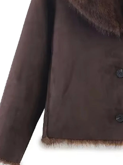 HH Winter Woman Elegant Casual Warm Coat Women Lapel Buttons Pocket Long Sleeves Outwear Reversible Faux Fur Effect Jacket