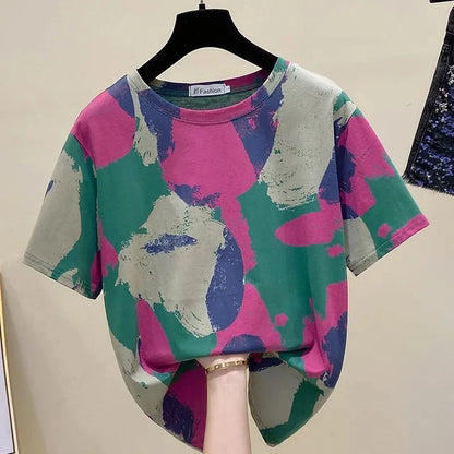 Tie Dye Printing Vintage O-Neck Pullover Short Sleeve T-Shirt Women's Blouse Shirt Korean Fashion Female Clothing Tops 2024