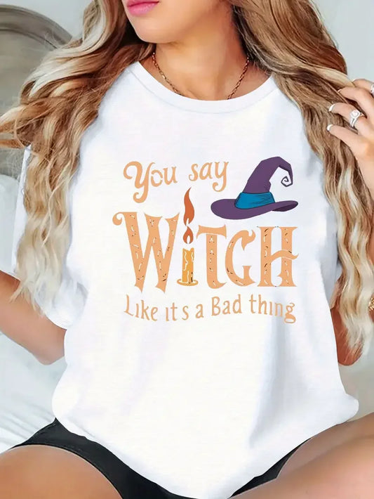 EtherealBe plus size Halloween witch shirt with a playful 'You say WITCH' design for festive wear