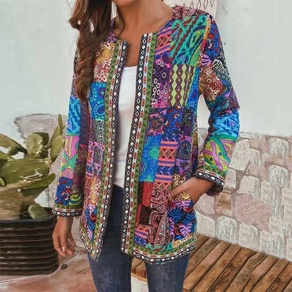 Autumn Winter Fashion Colorful Boho Floral Print Open Front Cardigan Casual Loose Long Sleeve Lightweight Jacket With Pockets