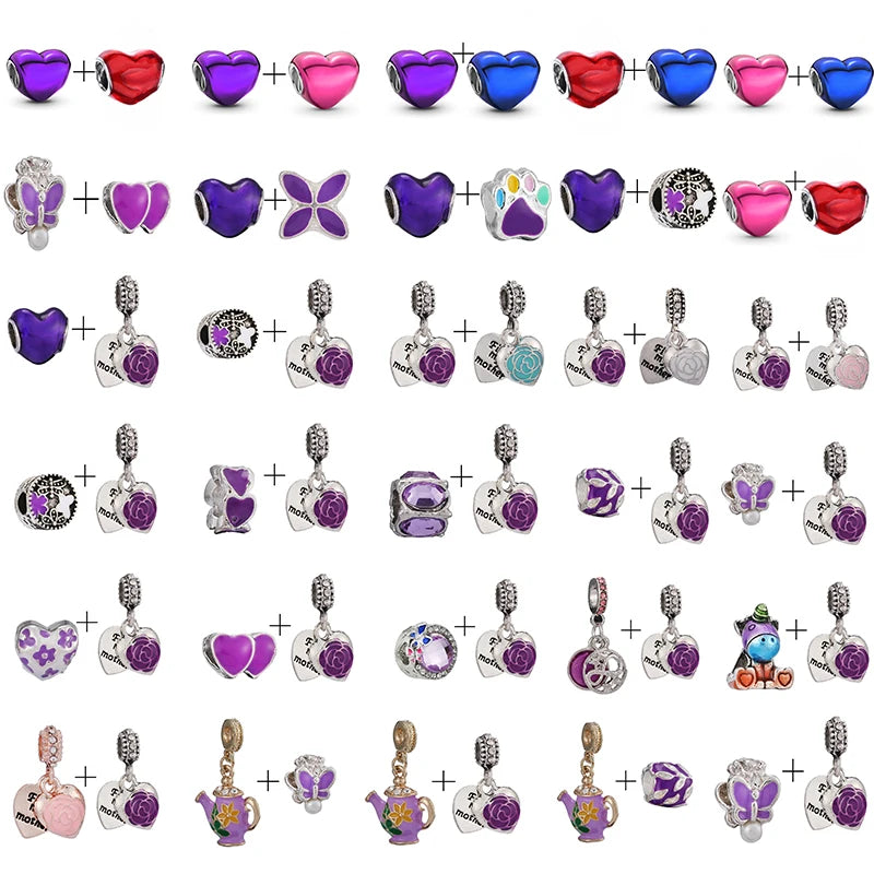 BRACE CODE 2Pcs/Lot Pan Spring New Purple Charm Love Floral Diy Beads Pendant Making Men's Women's Children's Fine Bracelets