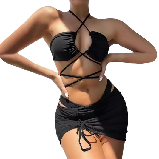 Bikinis Sets Swimsuit For Women Solid Hollow Strap Sexy Bikini Swimwear Three Piece Mesh Swimsuit Swimwear For Women