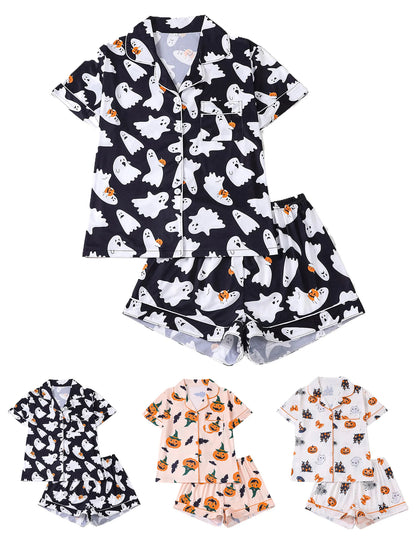 Women Halloween Pumpkin Bat Print Pajama Set,Breathable Lapel Loungewear Short-Sleeved Roll-Neck Shirt and Loose Shorts S-XXL