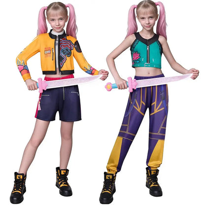 Zoey Rumi kids costume two piece sets with pink toy sword yellow jacket and teal crop top options