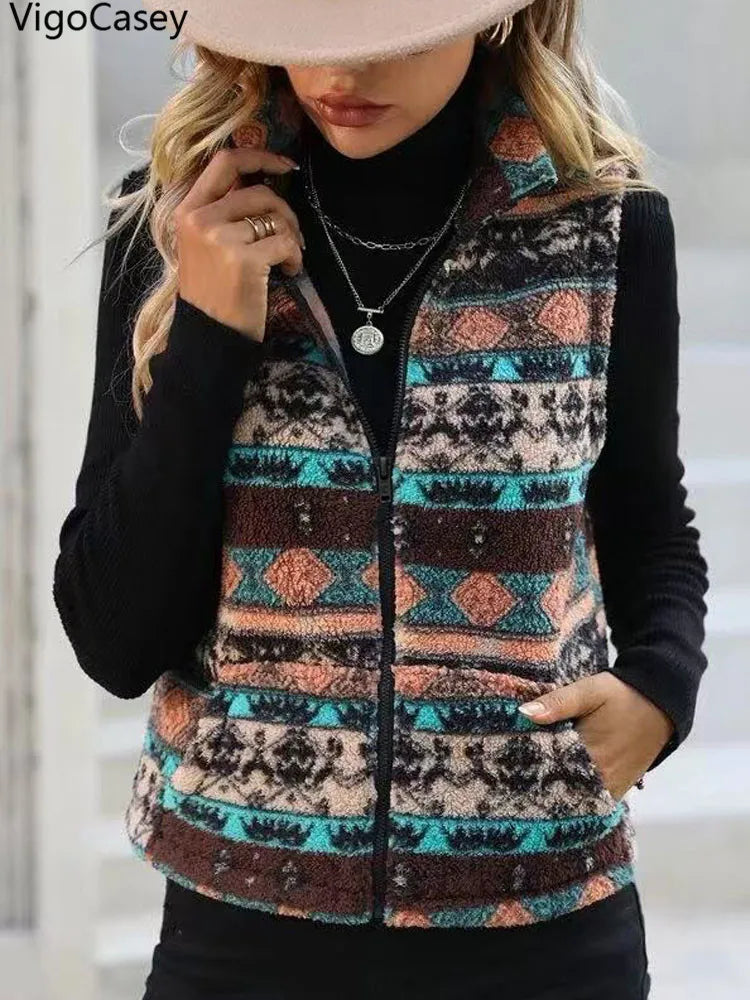 VigoCasey 2025 Casual Print Zipper Thick Vest Coat Woman Sleeveless Warm Plush Waistcoat Lady Autumn Winter Short Vest Jacket