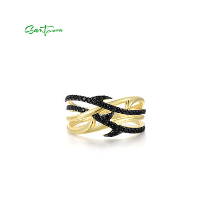 SANTUZZA  Authentic 925 Silver Rings For Women Sterling Silver Black Spinel Yellow Plated Unique Elegant Handmade Fine Jewelry