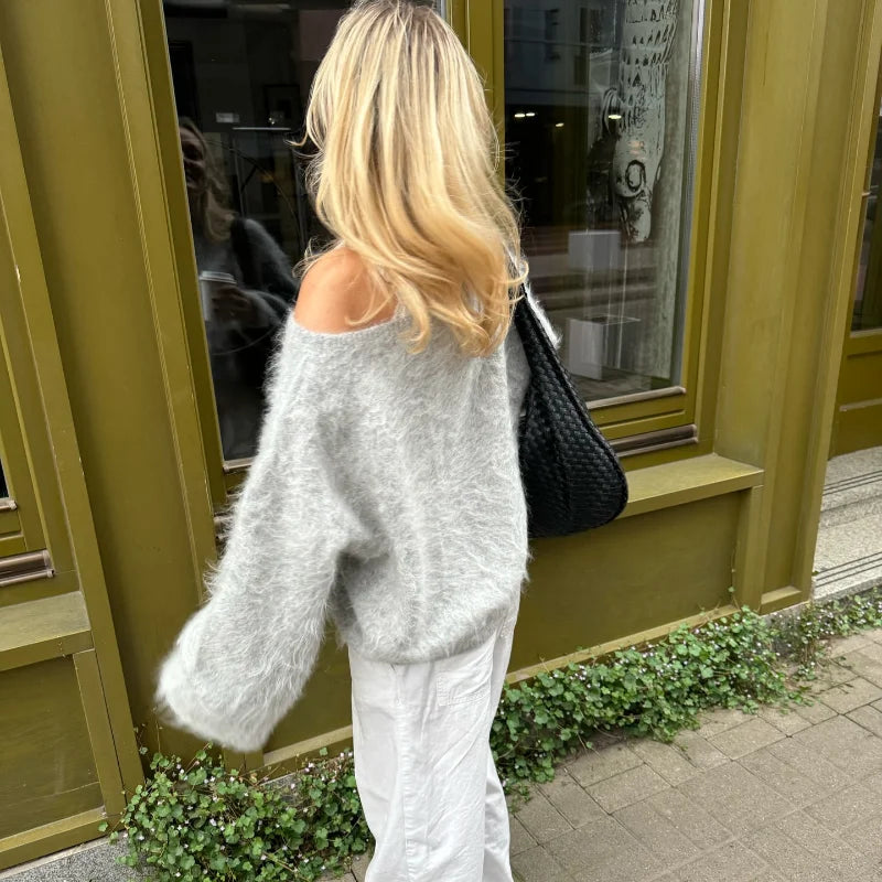 Fluffy Mohair Off Shoulder Cropped Sweater Oversize Slouchy Long Sleeve 2025 Autumn Cozy Women Knit Top Trendy Sweet Lady Jumper