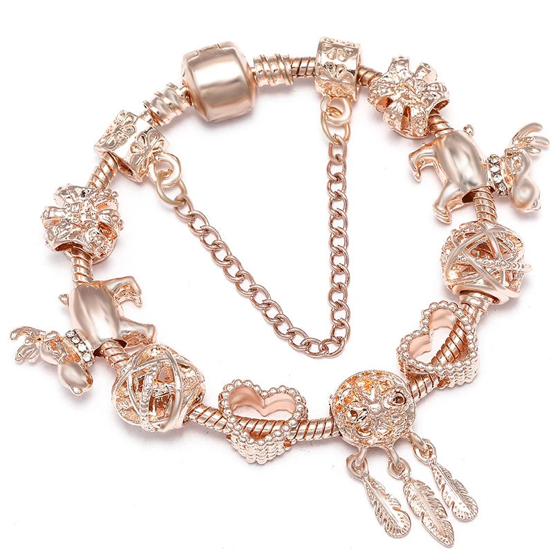 Spring Style Charms Bracelets For Women With Snake Chain Pink Daisy DIY Charms Beads Pendants Fashion Jewelry Dropshipping