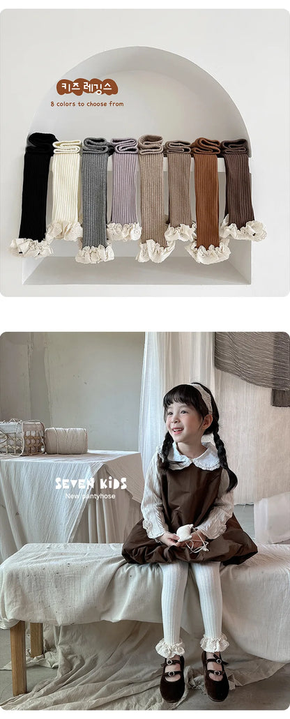 Autumn Baby Girls Leggings Ribbed Pants Cotton Lace Cuff  Toddler Kid Leggings Striped Casual Pants Kids Outfits Trousers