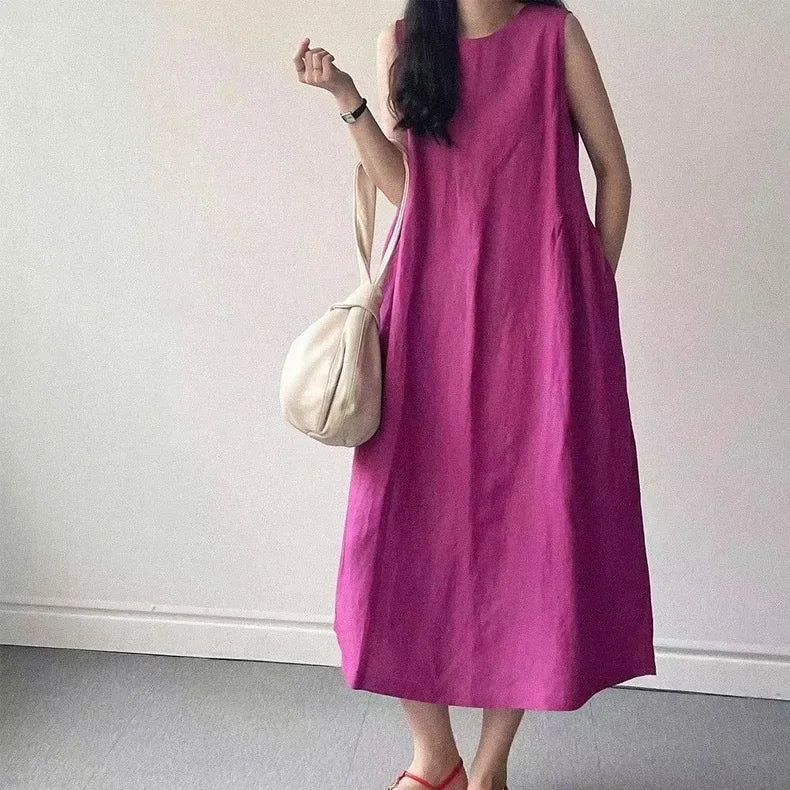 Minimalist Summer Lazy Style round Neck Long Oversized Sleeveless Dress Maxi Dress Comfortable Loose Fit V-Neck Knee-Length Dres