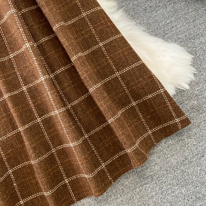 High Quality Fall Winter Women Sweater Overalls Dress Sets Casual Knitted Tops +Plaid Woolen Dress 2 Piece Sets Outfits Female