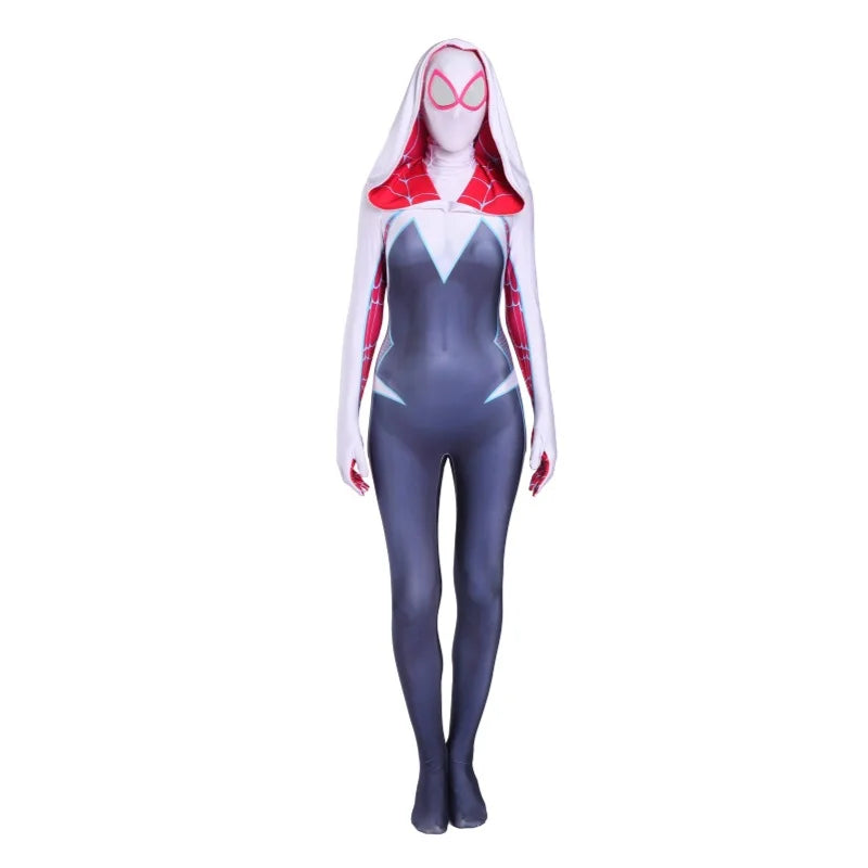 EtherealBe Gwen Stacy cosplay costume for women featuring a sleek design and hood detail