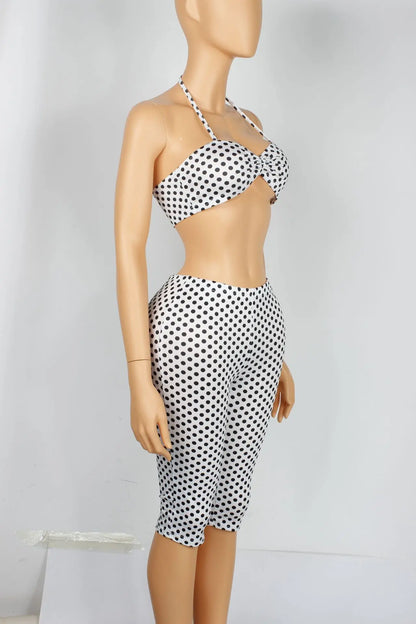 Weird Puss Polka Dot Print Women 2 Piece Set Halter Tank Tops+Bike Shorts Stretch Matching Streetwear Vacation Stretch Outfits