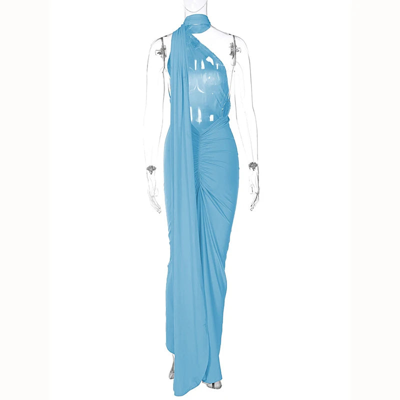 Hugcitar One Shoulder Backless Adjustable Scarf Loop Ruched Sexy Maxi Dress 2025 Women Elegant Y2K Streetwear Festival Outfit