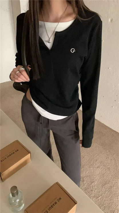 2024 Autumn Winter Long Sleeves Korean Fashion Style O-neck Tshirt For Women Fake two items T-shirts Ladies Top Tee Clothes