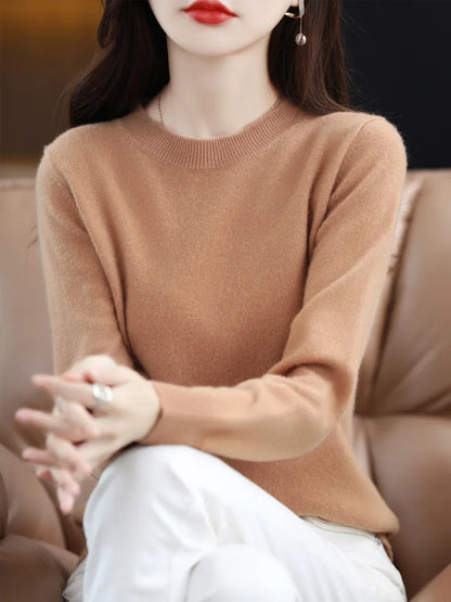 Fashion 100% Merino Wool Sweater Elegant Cashmere Pullover Women O-Neck Long Sleeve Knitwear Basic Clothing  Jumper Tops