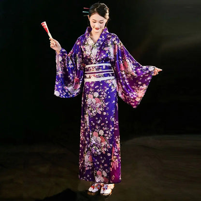 Cosplay Costume Traditional Japanese Kimono Japanese Style Printed Floral Sakura Girl Kimono Dress Elegance Asian