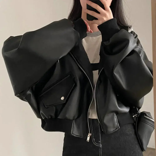 EtherealBe women's faux leather hooded jacket with a stylish cropped design and oversized sleeves