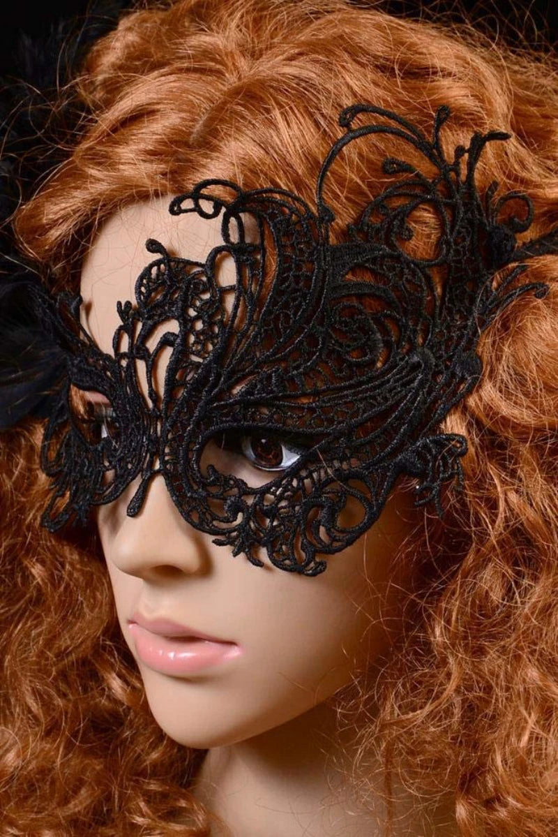 EtherealBe women's black lace masquerade mask with intricate designs for elegant costume parties