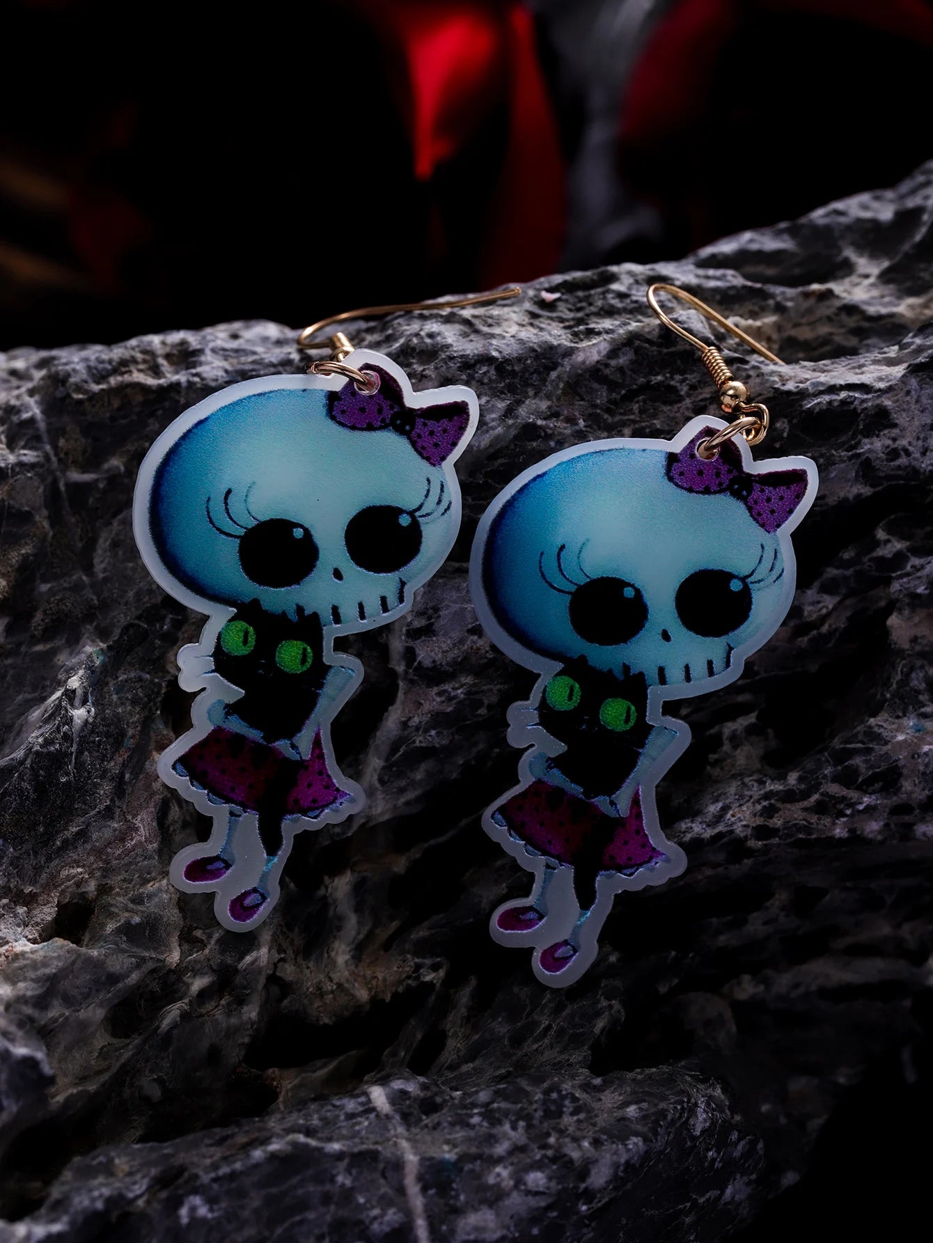 EtherealBe Halloween earrings for women featuring cute skeleton girls with black cats