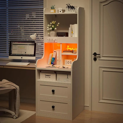 Tall Nightstand with Charging Station and LED Lights White Nightstand with 2 Drawers and Shelves Large LED Nightstand