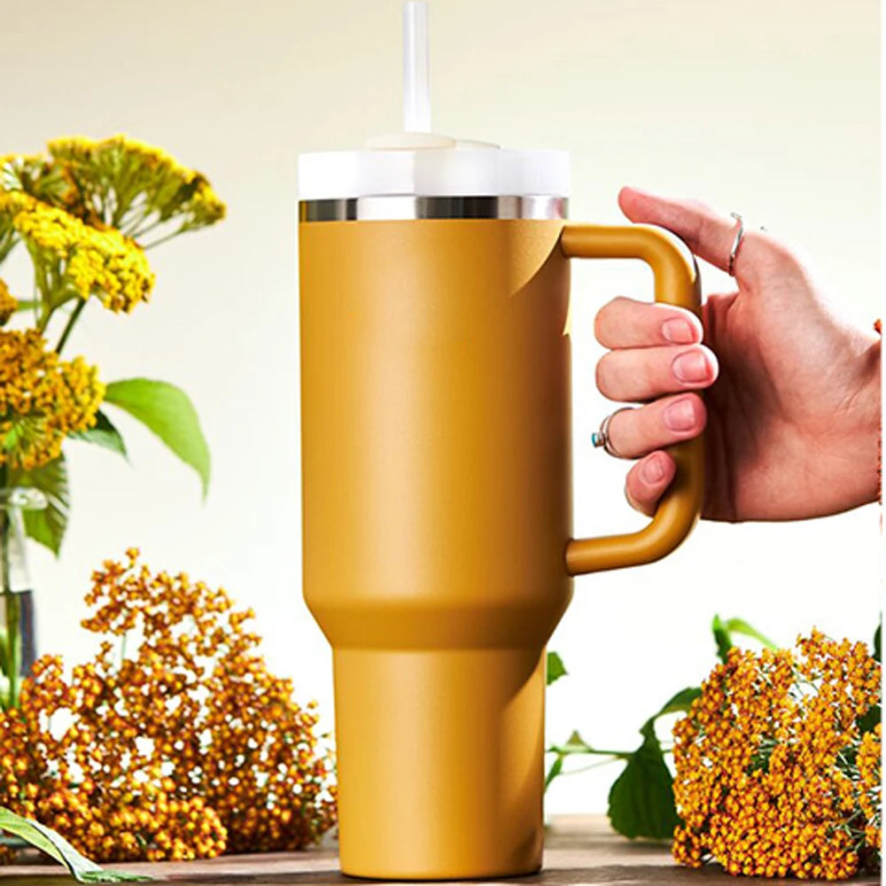 40oz Tumbler with Handle Straw and Silicone Boom Stainless Steel Vacuum Thermos Cup Large Capacity Travel Car Coffee Mug Logo