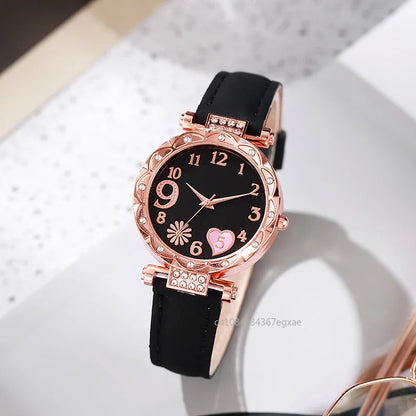 2/1PCS Fashion Heart Dial Women's Watches Luxury Leather Band Quartz Watch Rhinestone Bracelet Set Female Relogio Feminino
