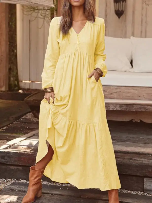 Autumn Winter Women's Clothing New Fashion Solid Color Button Cotton Linen Retro Casual Long Sleeved Dress Big Swing Long Skirt