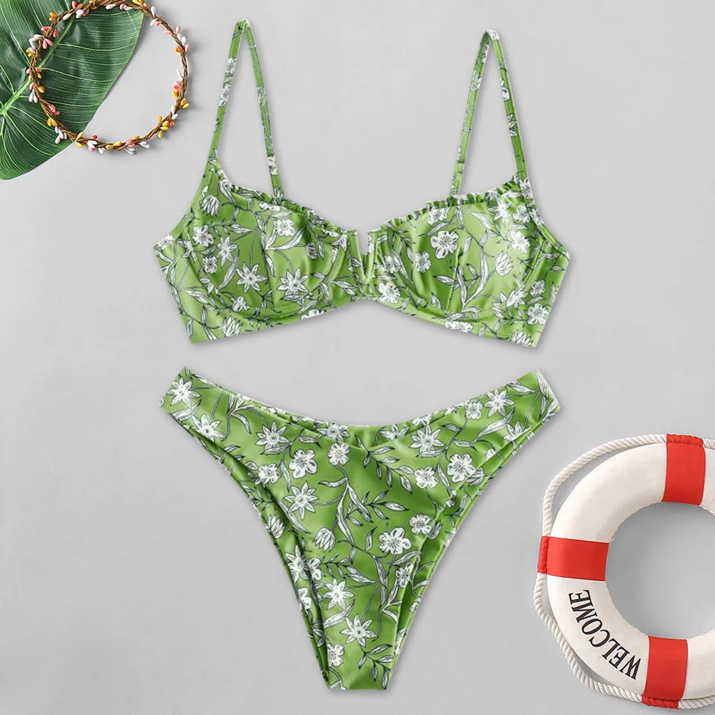 Beach Swimsuits Women Floral Printed Bikinis Set Push Up Bra Split Tankinis Set Summer 2pcs Sexy Bikinis Female Boho Beachwear